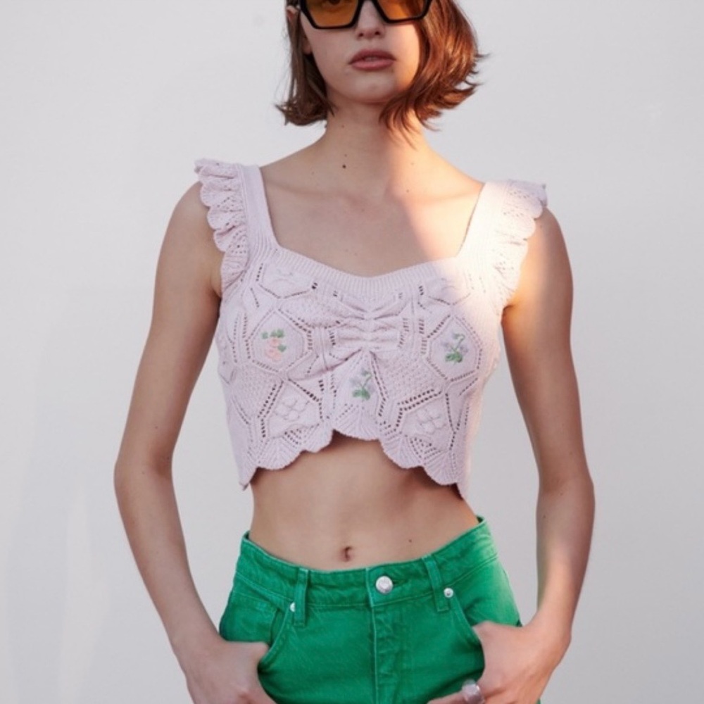 ZARA Pink Embroidered Coquette Cottagecore Pointelle Knit Crop Top Ruffles - M